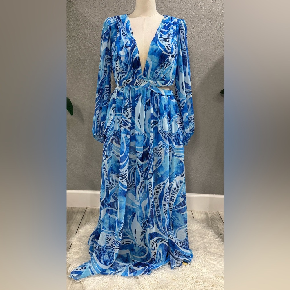 Blue Patterned Long Sleeve V-Neck Maxi Dress